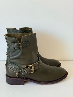 Talula de la Lune Handmade Leather Studded Ankle Boots Boho Moto Olive Green